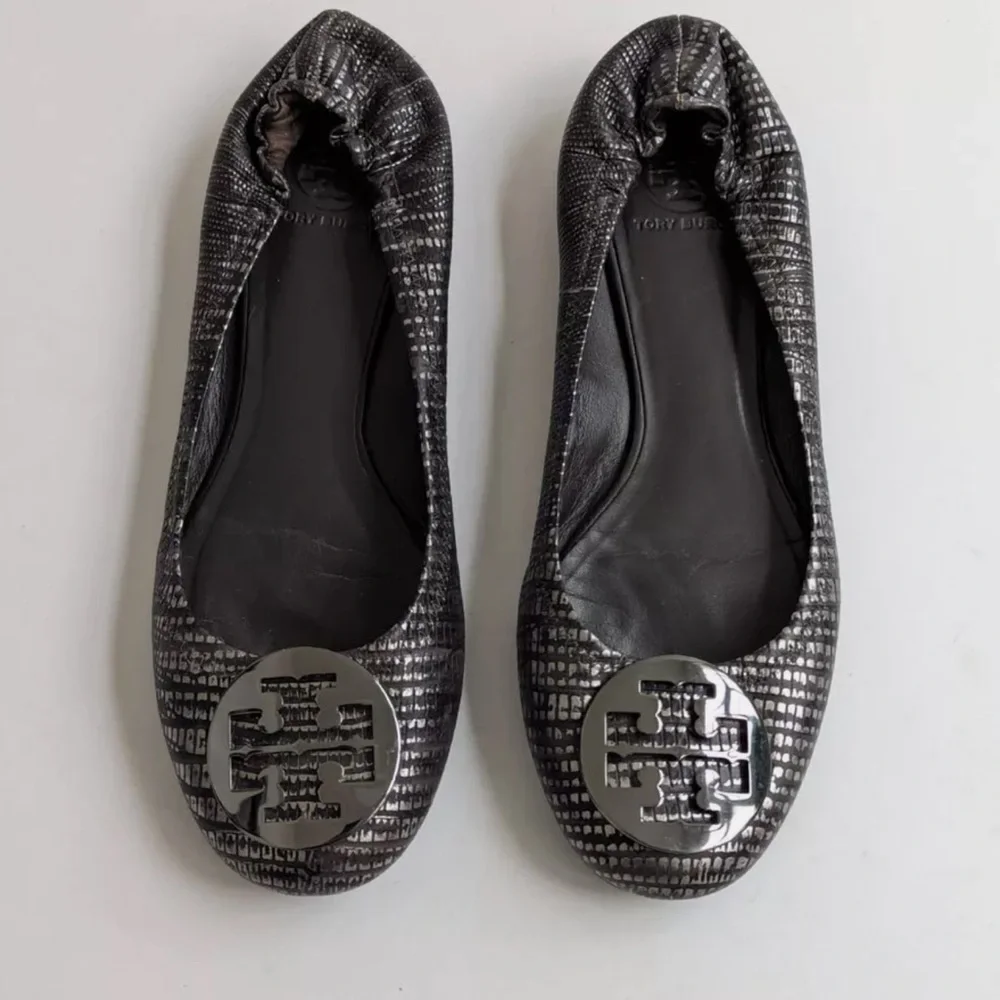 Tory Burch Reva Metallic Black Lizard Embossed Leather Ballet Flat